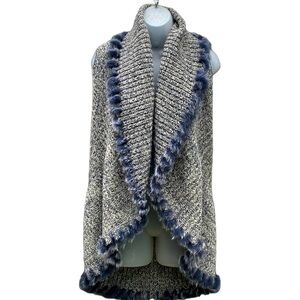 FDJ French Dressing Jeans Blue Gray Marled Knitted‎ Vest Rabbit Fur Trim S / M